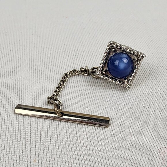 Vintage Silver Tone Blue Stone Tie Tack Pin - Picture 1 of 9